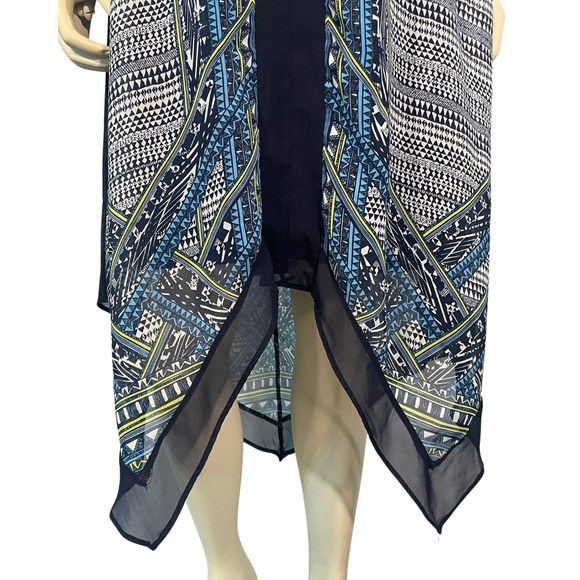 AGB Sz 10 Midi A-Line Tank Dress Blue Scarf Print Handkerchief Hem Sheer Lined - Picture 7 of 10